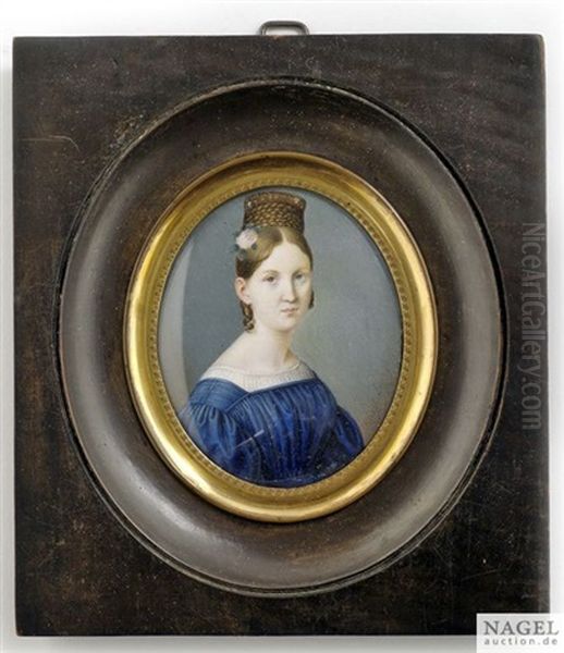 Portrait Einer Jungen Dame In Blauem Kleid Mit Aufgeturmter Zopffrisur - view 1