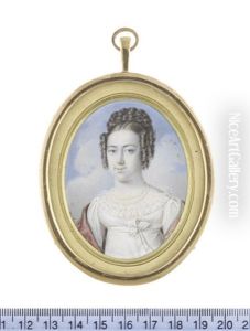 A Lady, Wearing White Dress With Frilled Trim And Ribbon Sash At Her Empire Line Fastened In A Bow, Pink Stole With Embroidered Trim Draped Around Her...