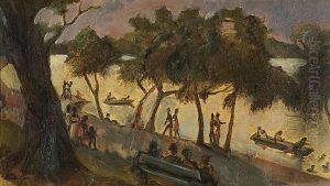 Park Scene With Boats On A Lake