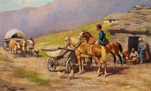 Farmers And A Horseman At A Cottage In The Caucasus by Carl Suhrlandt