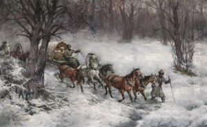 Russische Soldaten Mit Ihrem Vierergespann Im Winterlichen Wald Russische Soldaten Mit Ihrem Vierergespann Im Winterlichen Wald