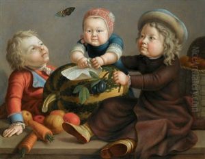 A Group Portrait Of The Artist's Three Sons, Seated On A Stone Ledge With Fruit by Johann Heinrich Suhrlandt