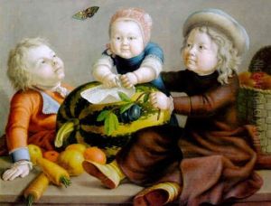 Die Drei Sohne Des Kunstlers Mit Fruchten Und Einem Spankorb, Einem Uber Ihnen Flatternden Schmetterling Nachblickend by Johann Heinrich Suhrlandt