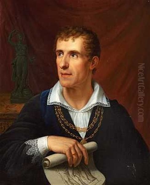 Portraet Af Billedhuggeren Antonio Canova I Skt. Lucca Akademiets Dragt, I Handen Holder Han En Tegning Forestillende En Af Hans Mest Beromte Skulpturer De Tre Gratier - view 1