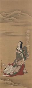 Jeune Femme Avec Un Long Kimono Gris, Vert Et Rouge Avec Un Eventail Admirant Un Paysage by Nishikawa Sukenobu