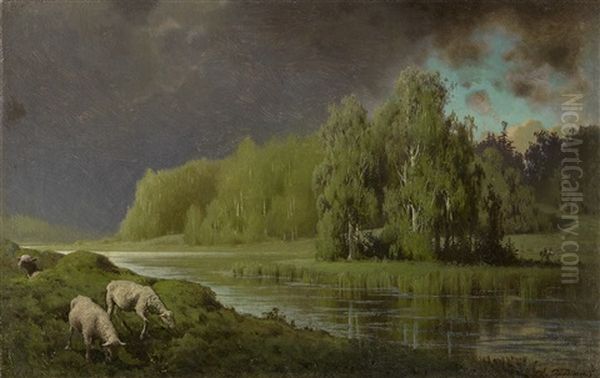 Approaching Storm, Sheep On A River Bank - view 1