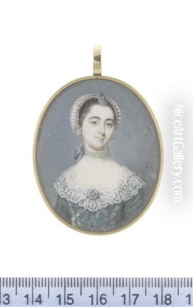A Lady, Wearing Green Dress Embellished With Dark Blue Ribbons And White Lace Collar, Multi-stranded Pearl Choker Tied With A Blue Ribbon Behind Her Neck - view 1