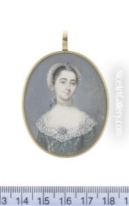 A Lady, Wearing Green Dress Embellished With Dark Blue Ribbons And White Lace Collar, Multi-stranded Pearl Choker Tied With A Blue Ribbon Behind Her Neck by Luke Sullivan