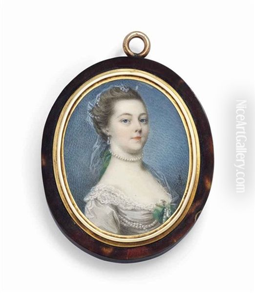 A Young Lady, In Lace-bordered White Dress, Rope Of Pearls And Drop-pearl Fastened With Green Ribbon Tied In A Bow At Corsage, Pearl Necklace Tied With Green Ribbon - view 1