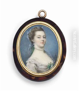A Young Lady, In Lace-bordered White Dress, Rope Of Pearls And Drop-pearl Fastened With Green Ribbon Tied In A Bow At Corsage, Pearl Necklace Tied With Green Ribbon