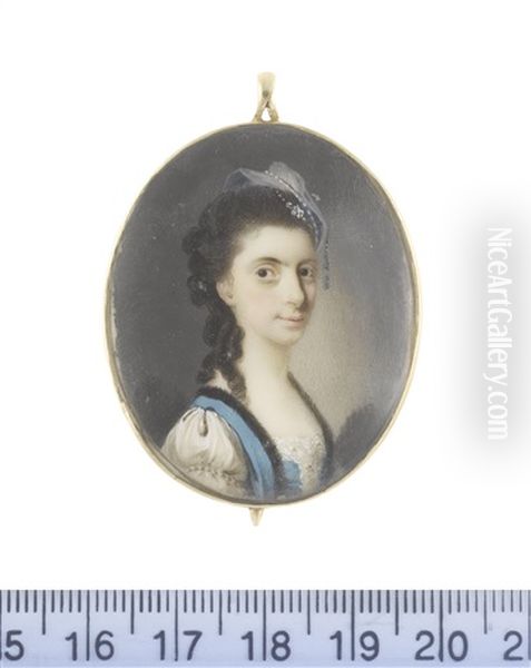 A Lady, Wearing White Dress With Embroidered Bodice And Italianate Sleeves, Cerulaen Blue Gilet With Black Fur Trim, Blue And White Headpiece With Bead Detail - view 1