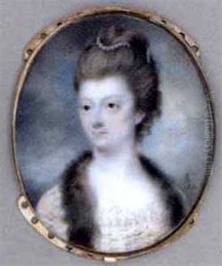 Mrs Arabella Walker-heneage, Nee Cope, In Cream Dress With Lace Border And Fur-bordered Surcoat, Pearls Entwined In Her Upswept And Curled Hair, Sky And Cloud Background