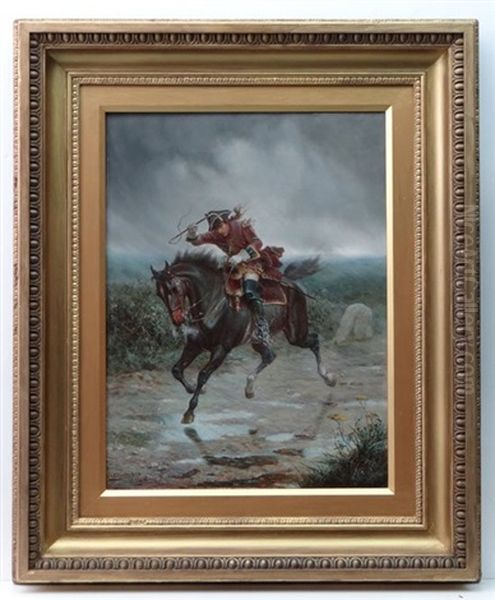 Military Despatch Rider At Full Tilt Across Wind And Rain Swept Heathland - view 1