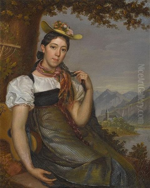 Junge Bauerin Mit Gitarre Vor Alpiner Landschaft - view 1