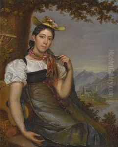 Junge Bauerin Mit Gitarre Vor Alpiner Landschaft
