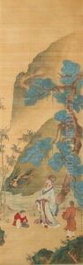 Sun Kehong: Color And Ink On Silk 'figures' Painting by Sun Kehong