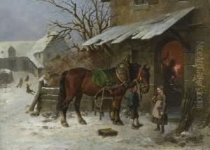 Zwei Kinder Im Gesprach Vor Der Schmiede by Reinhold Braun