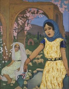 Jeune Fille Berbere Et Musiciennes Au Perroquet (recto-verso) by Andre Sureda