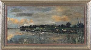 Mowen Am Seeufer In Abendlicher Landschaft by Wilhelm Braun