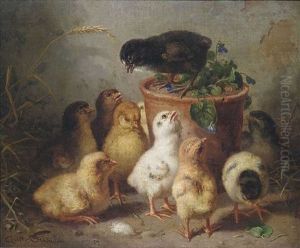 Eine Schar Kuken An Einem Blumentopf by Gustav Sues