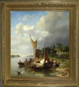 Idyllischer Bootsausflug - Familie Am Flussufer Mit Entenfamilie, Im Hintergrund Ein Dorf by Gustav Sues