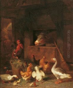 Stallinterieur Mit Huhnern Und Einem Schwein Im Koben by Gustav Sues