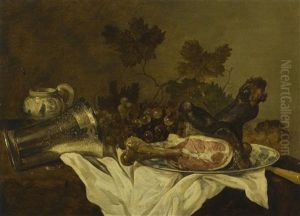 Still Life With A Ham On A Wan-li Kraak Dish, A Fallen Silver Beaker, A Mustard Jar And Grapes, All On A Table Draped With A White Cloth by Abraham Susenier