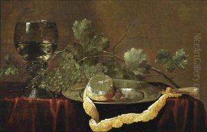 A Partially Peeled Lemon On A Silver Platter, A Knife, Grapes And A Roemer Of White Wine On A Draped Table