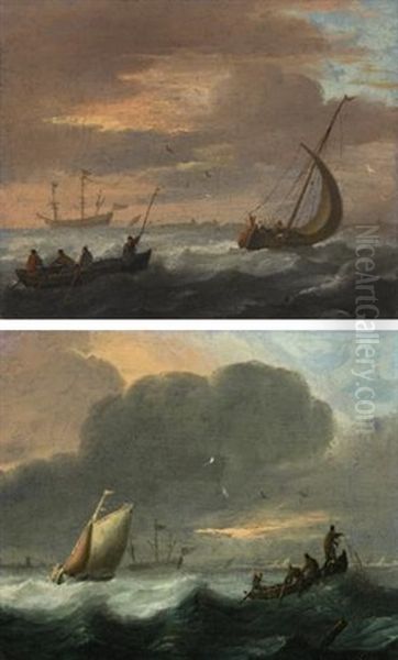 A Small Vessel Running Before A Stiff Breeze In A Choppy Sea And Lowering Sail, And A Rowing Boat (+ A Smalschip Close Hauled And Fishermen In A Rowing Boat Pulling In Nets In A Choppy Sea; Pair) - view 1