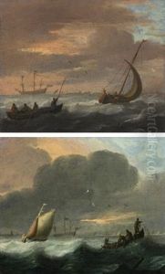 A Small Vessel Running Before A Stiff Breeze In A Choppy Sea And Lowering Sail, And A Rowing Boat (+ A Smalschip Close Hauled And Fishermen In A Rowing Boat Pulling In Nets In A Choppy Sea; Pair) by Abraham Susenier