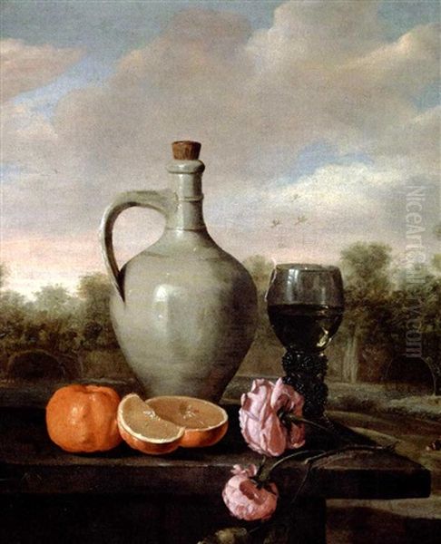 Stentojskande, Romer, Appelsiner Og Roser Pa En Karm I Et Landskab - view 1