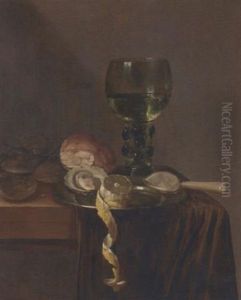 Oysters And A Partly-peeled Lemon On A Pewter Dish, A Roemer, Bread And Other Oysters On A Partly-draped Table by Abraham Susenier