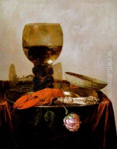 Stilleben Mit Gefulltem Weinglas, Hummer Und Einer Rose by Abraham Susenier