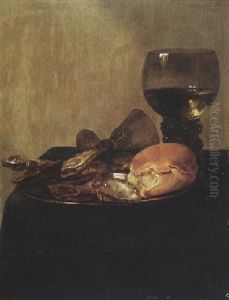 Still Life Of Bread And Oysters On A Pewter Dish With A Roemer And An Overturned Wineglass Upon A Draped Table-top