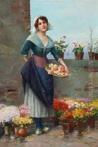 A Woman Sells Flowers by Josef Johann Suess