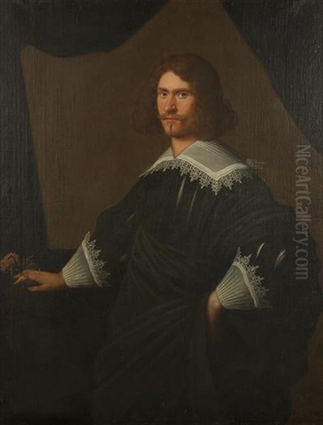 A Portrait Of A Gentleman Standing Three-quarter Length In An Interior With His Hand Holding A Flower And Resting On A Table - view 1