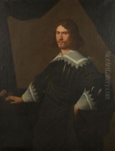 A Portrait Of A Gentleman Standing Three-quarter Length In An Interior With His Hand Holding A Flower And Resting On A Table