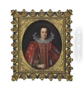 Portrait Of Vittoria Della Rovere, Grand Duchess Of Tuscany (1622-1694), Half-length, In A Red Embroidered Dress With Pronounced Shoulder Wings And A Lace Ruff, A Pearl Necklace And Earrings by Justus Sustermans