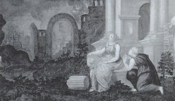 Mythologische Szene Mit Zwei Frauen, Im Hintergrund Das Lodernde Feuer Der Holle - view 1