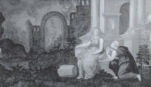 Mythologische Szene Mit Zwei Frauen, Im Hintergrund Das Lodernde Feuer Der Holle by Friedrich Sustris
