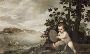An Infant Holding A Tambourine