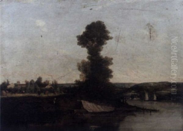 River Landscape With Boat, Village In Distance - view 1