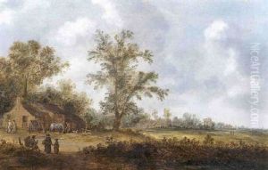Paysage De La Campagne Hollandaise Avec Villageois S'affairant A Proximite D'une Ferme by Reyer Claesz Suycker