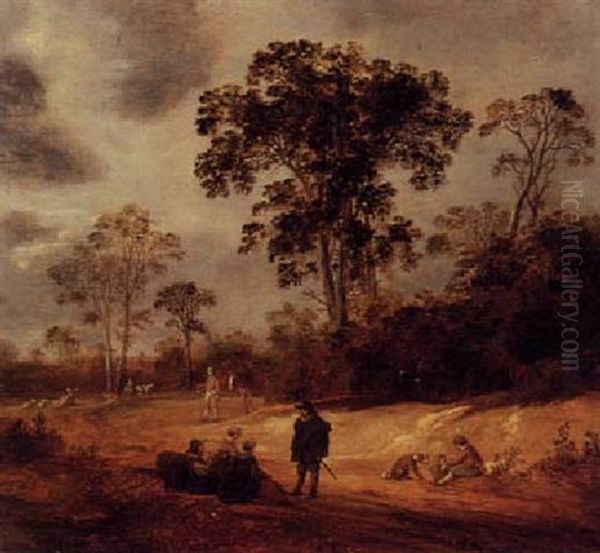 Wooded Landscape With Travellers Resting On A Path - view 1