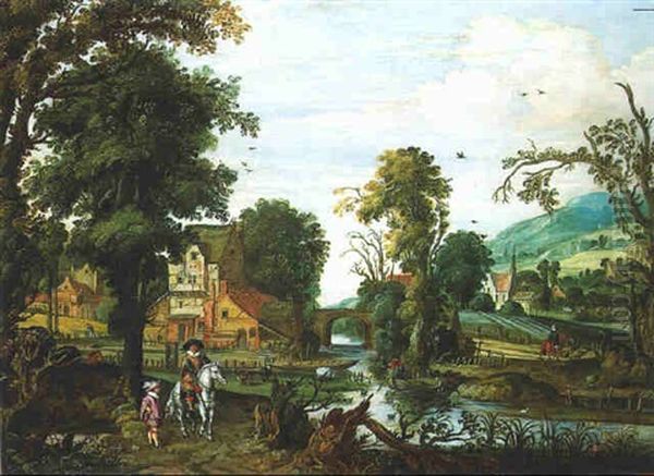 Personnages Et Cavalier Dans Un Paysage Fluvial - view 1