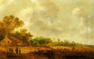 Wooded Landscape With Peasants Near A Farm by Reyer Claesz Suycker