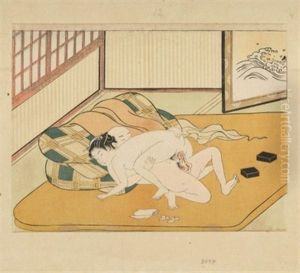 Liebespaar Auf Gelbem Tatami, Rechts Im Hintergrund Ein Byobu (chuban, Yoko-e) Liebespaar Auf Gelbem Tatami, Rechts Im Hintergrund Ein Byobu (chuban, Yoko-e)
