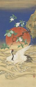 Crane, Waves And Peach Tree by Kiitsu Suzuki