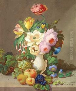 Sommerblomster I En Vase Pa En Karm, Hvorpa Frugter