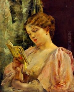 Portrait D"elegante Lisant En Robe Rose